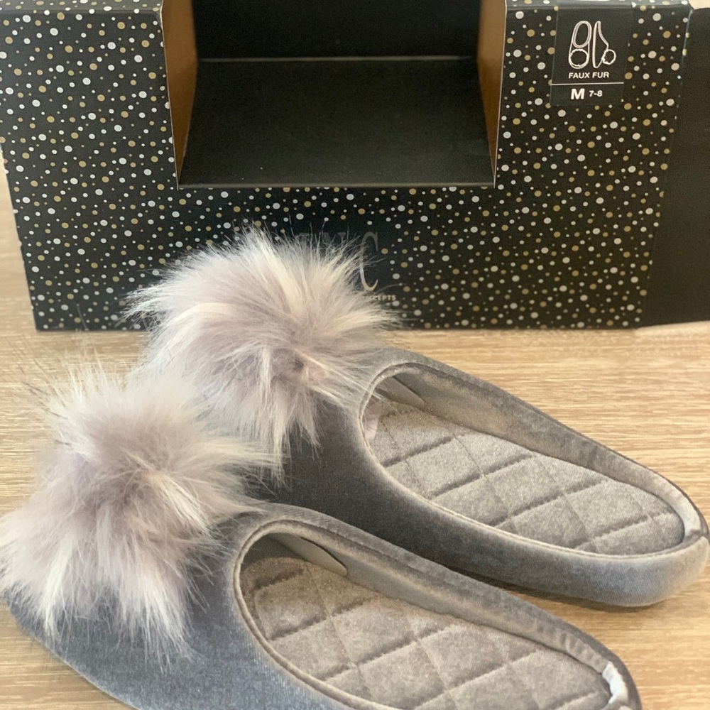 INC International concepts faux fur slippers - silver (size 7-8)